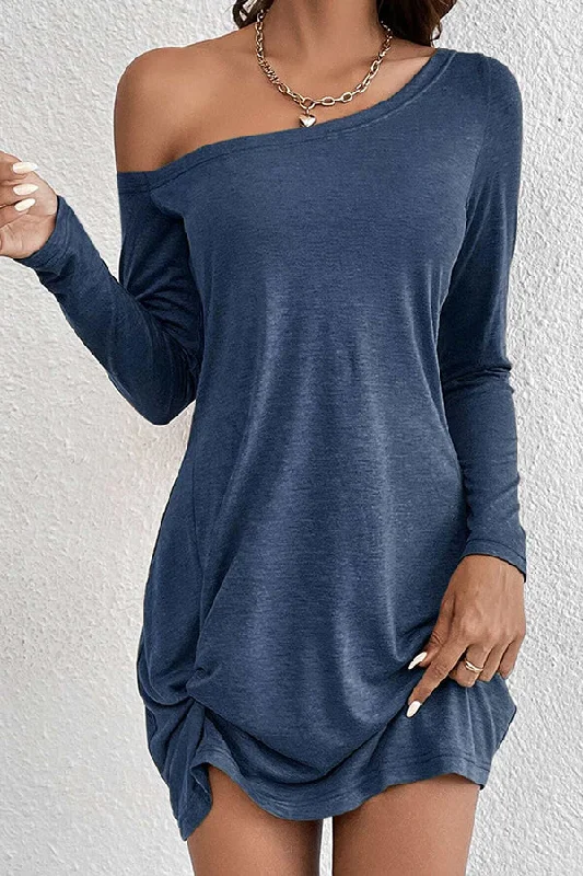 Solid Skew Neck Long Sleeve Casual Dress