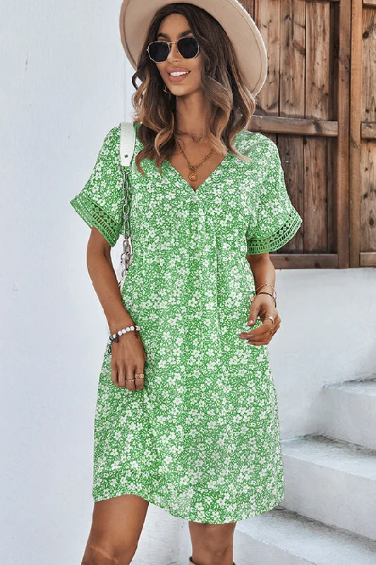 Floral Print V Neck Ruffled Casual Dress