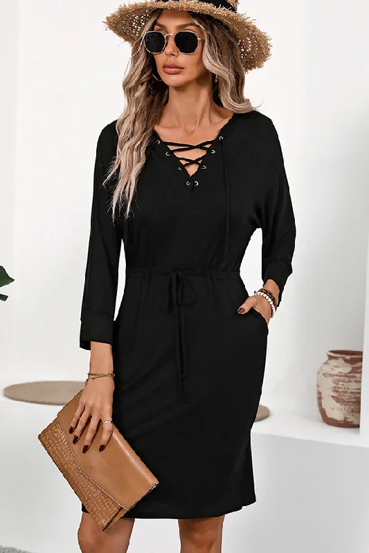 Fashion Solid Color Long Sleeve Hooded Dress