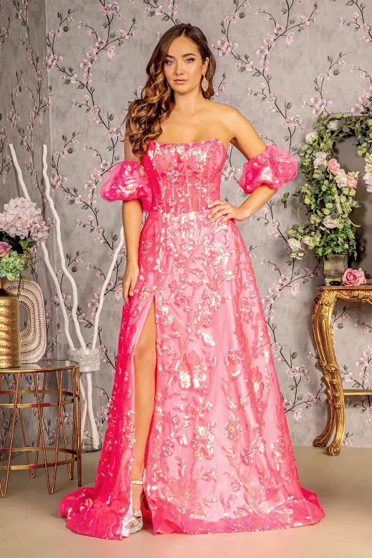 Long Formal Detachable Sleeve Sequin Prom Dress