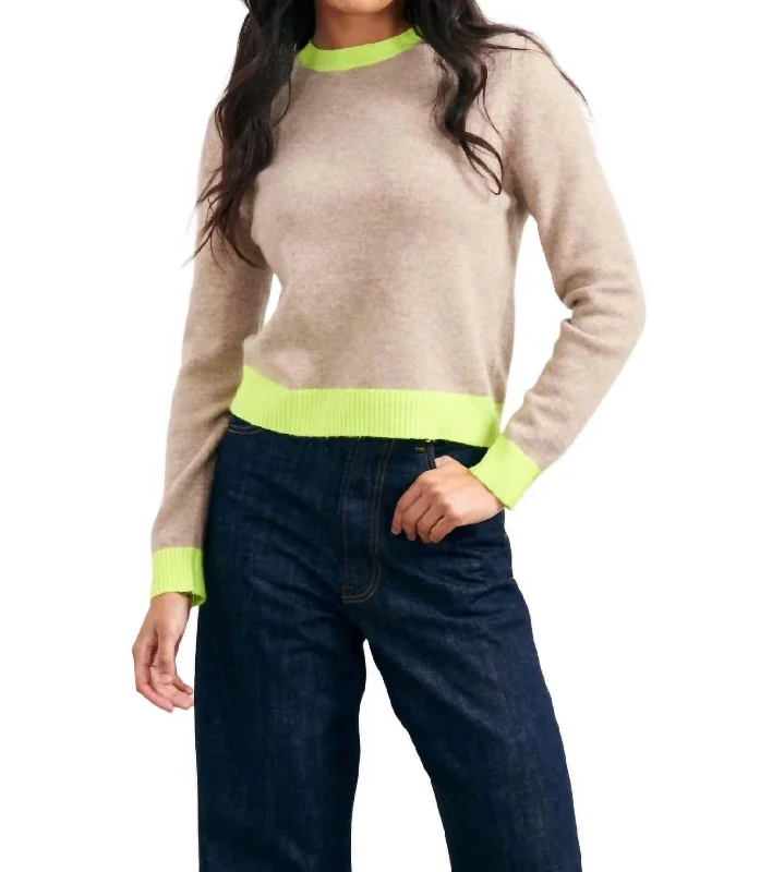 Contrast Crew Sweater In Brown/neon Yellow