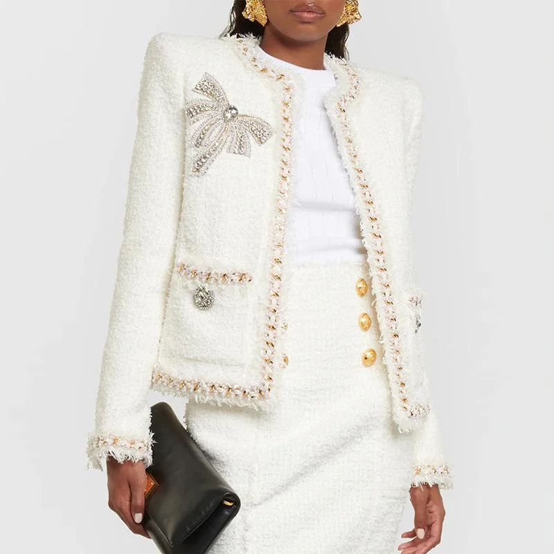 Cora White Rhinestone Bowtie Tweed Jacket