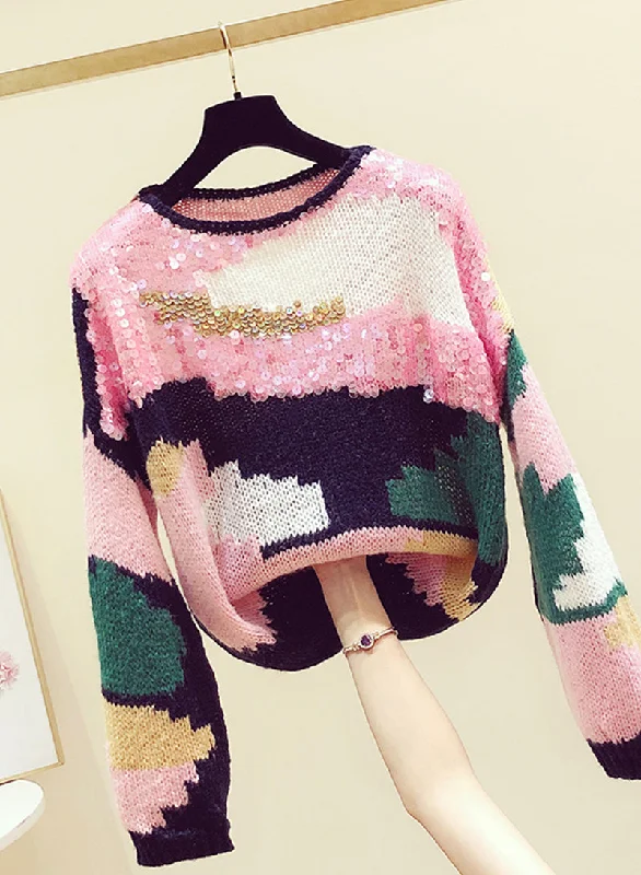 Cute Colorful Long Sleeve Sweater Round Neck Sequins Sweater    S4371