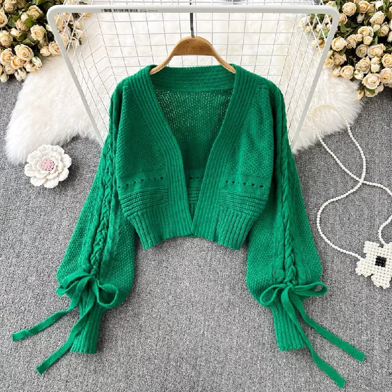 Lantern Sleeve Knitted Cardigan, Casual Bow Tie Short Long Sleeve Top    S4362