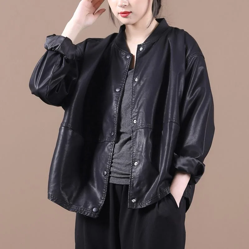 Loose Baseball Collar Leather Jacket Women