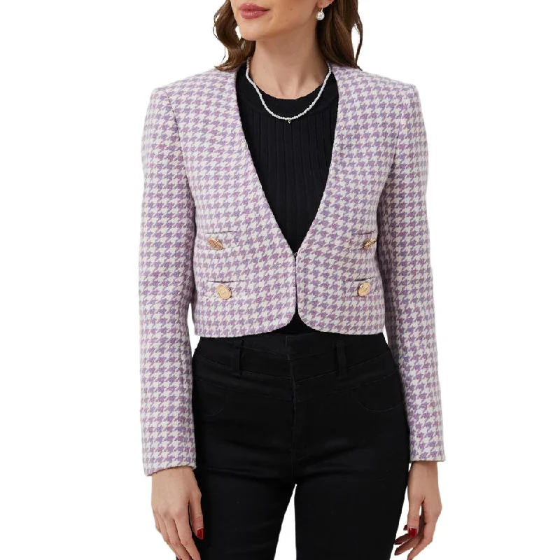 Magnolia Purple Plaid Tweed Houndstooth Cropped Jacket