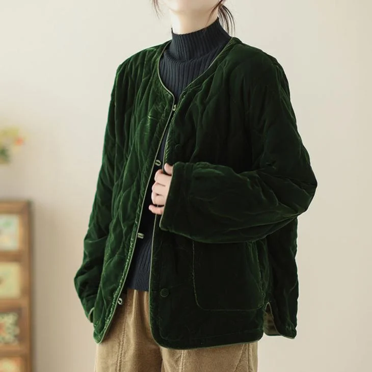 Vintage Green Warm Soft Velvet Quilted Jacket for Women