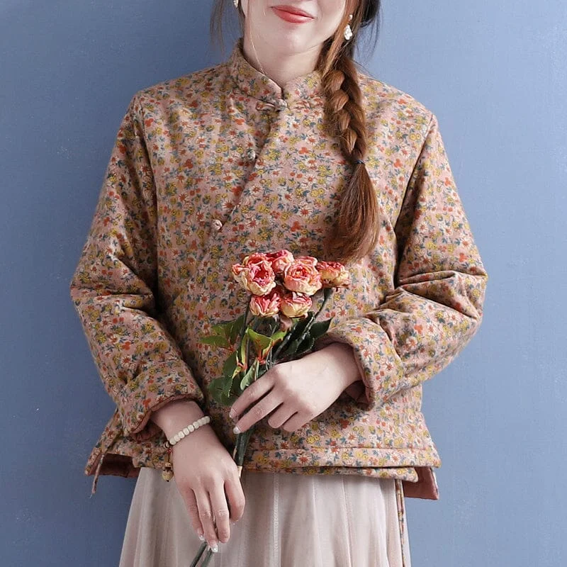 Winter Retro Cotton Linen Floral Loose Jacket