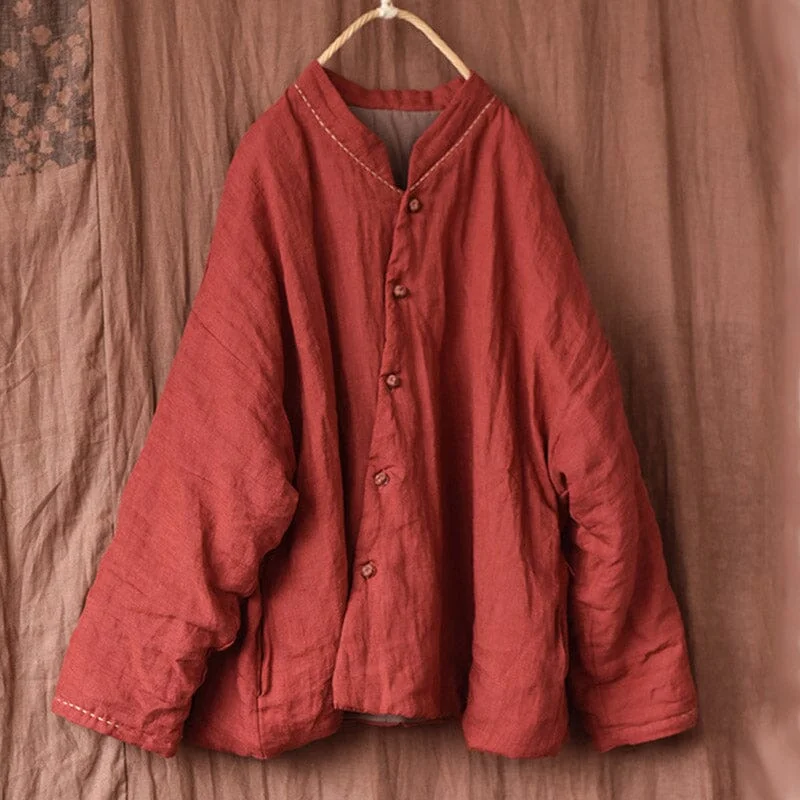 Women Autumn Winter Retro Casual Linen Quilted Jacket