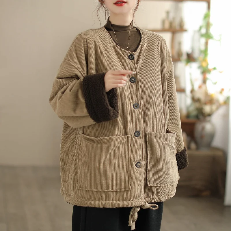 Women Winter Solid Corduroy Casual Loose Jacket