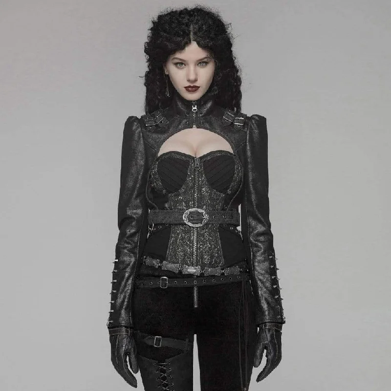 Women's Goth Rivets Faux Leather Lacing Short Jackets With Belt