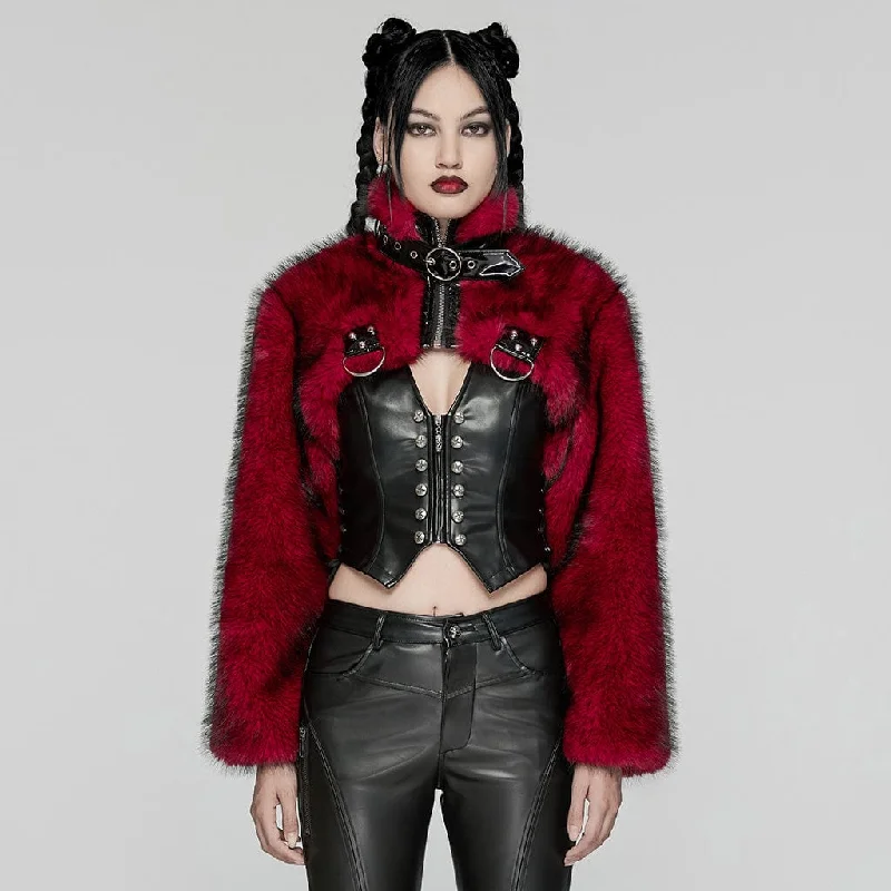 Women's Punk Stand Collar Faux Fur Short Jacket Red