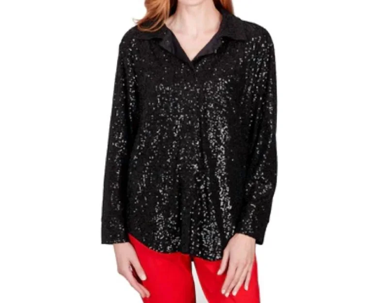 Sequin Snap-Front Shirt Jacket In Black