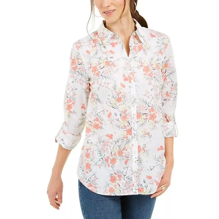 Charter Club Women's Cotton Floral Print Shirt White Size Medium