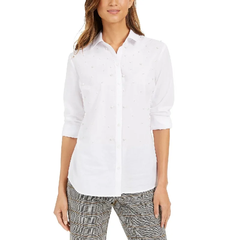 Charter Club Women's Faux-Pearl Shirt White Size Medium