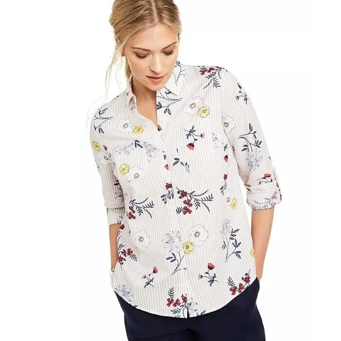 Charter Club Women's Floral-Print Button-Down Linen Shirt Red Size Large