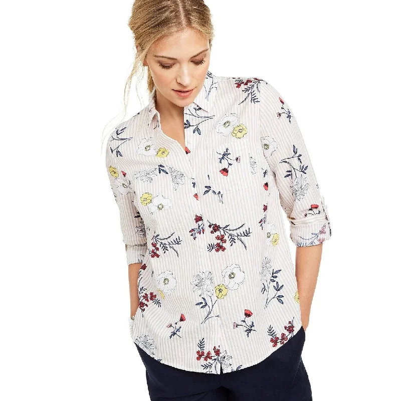 Charter Club Women's Floral-Print Button-Down Linen Shirt Red Size Medium