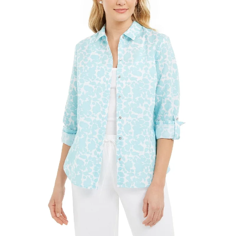 Charter Club Women's Floral-Print Linen-Blend Shirt Blue Size Small