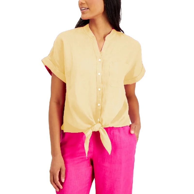 Charter Club Women's Linen Tie-Front Button-Up Shirt Yellow Size Small