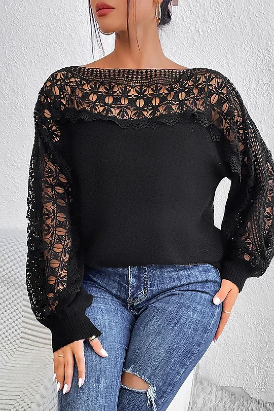 WOMEN ELEGANT LACE TRIM LONG SLEEVE SEXY T SHIRT