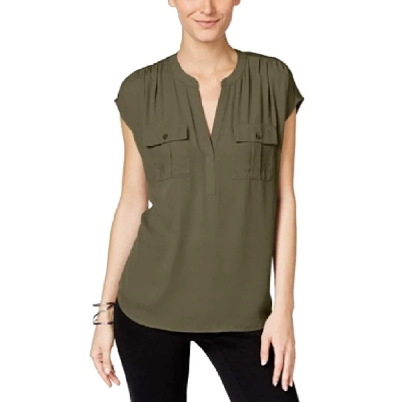 INC International Concepts Women's Petite Split Neck Utility Shirt Size Large - Olive