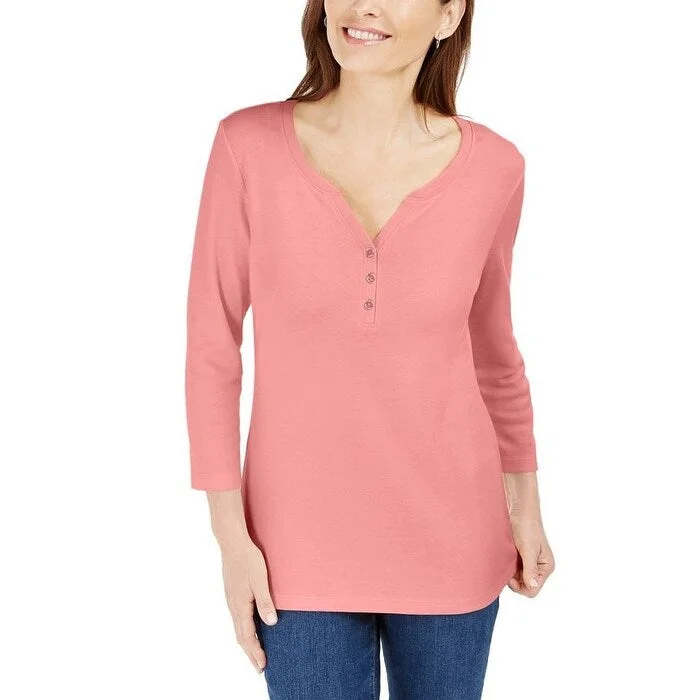 Karen Scott Women's 3/4-Sleeve Henley Shirt Pink Size X-Large