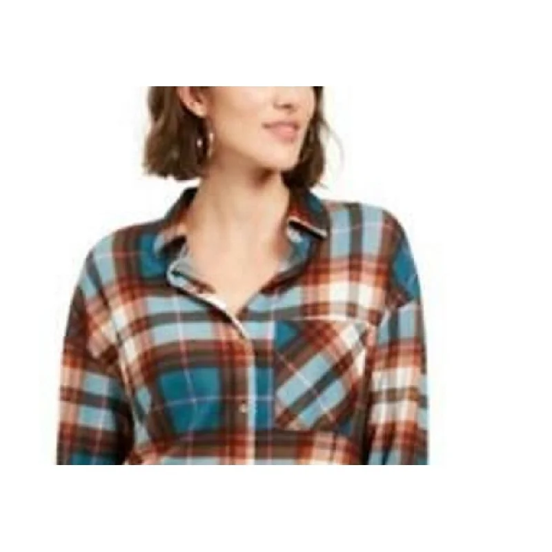 Polly & Esther Juniors' Soft Drawstring-Hem Plaid Shirt Blue Size Extra Small