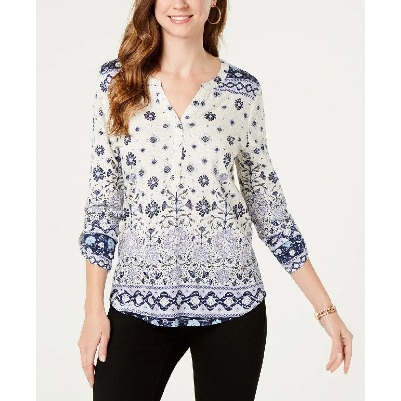 Style & Co Women's Split Neck 3/4-Sleeve Printed Shirt Size Large - White