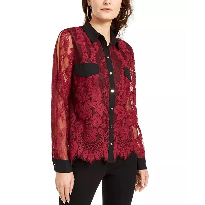 Thalia Sodi Women's Mixed-Media Button-Up Shirt Dark Red Size Medium