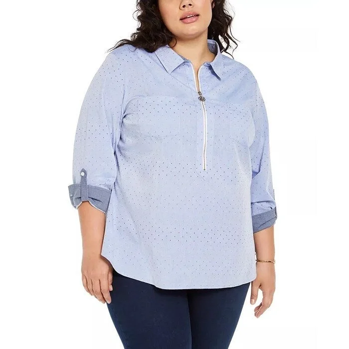 Tommy Hilfiger Women's Polka Dot Zip-Front Cotton Shirt Blue Size 1X