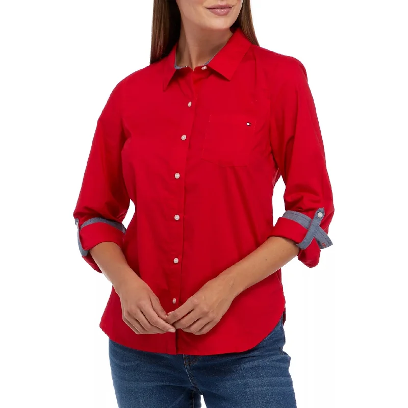 Tommy Hilfiger Women's Roll Tab Button Up Shirt Red Size X-Large - XL