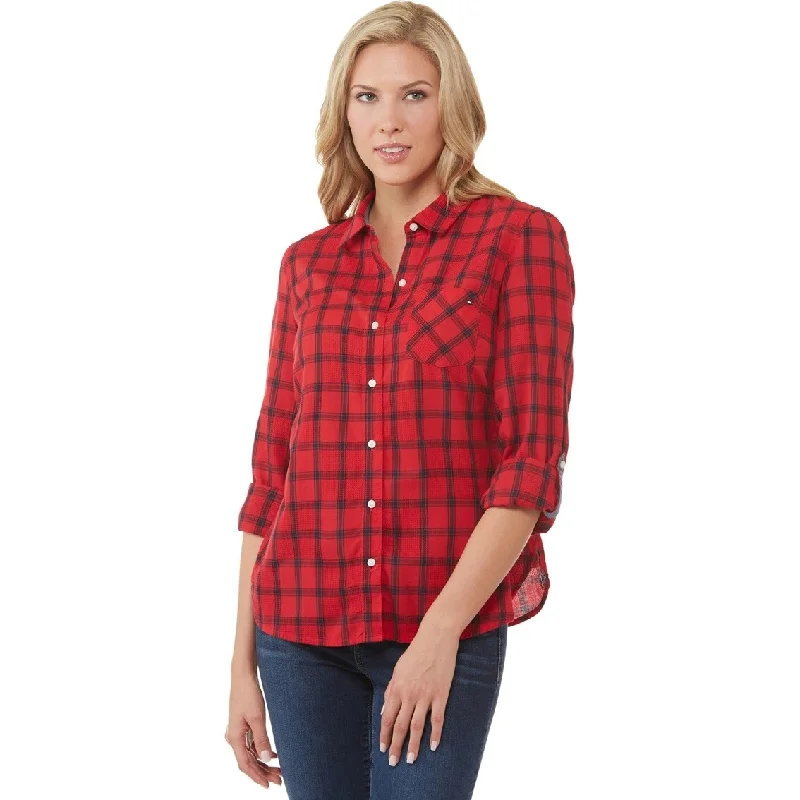 Tommy Hilfiger Women's Windowpane Plaid Roll-Tab Shirt Red Size Medium