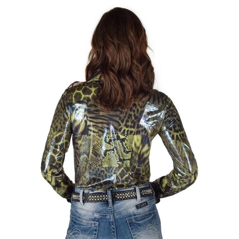 Cowgirl Tuff Western Shirt Womens L/S Animal Print Shiny Green 100772