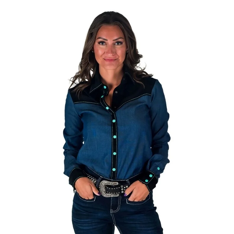 Cowgirl Tuff Western Shirt Womens L/S Denim Button Blue 100918