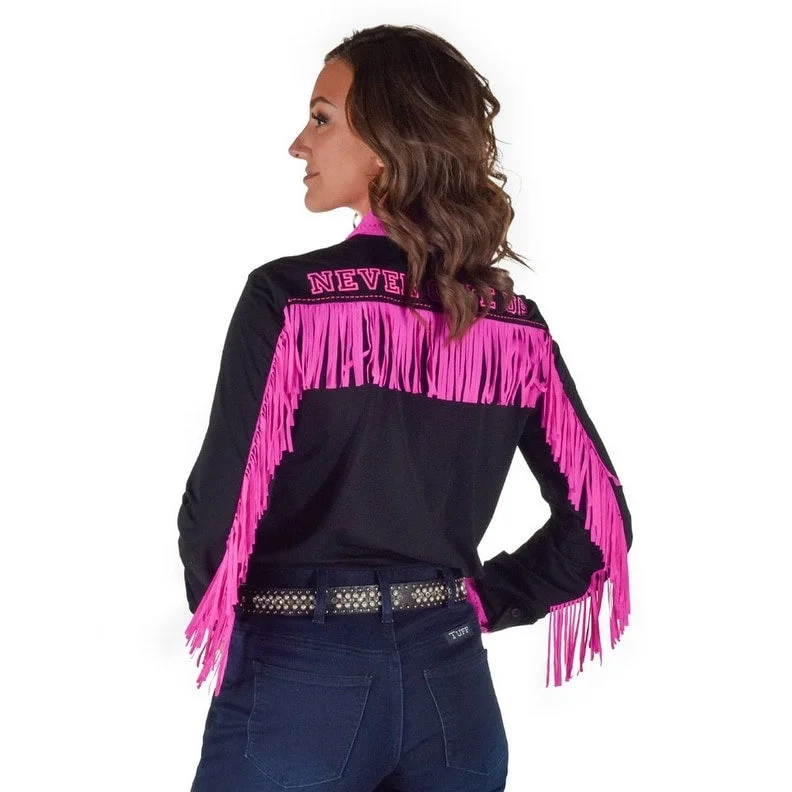 Cowgirl Tuff Western Shirt Womens L/S Fringe Black Hot Pink 100818