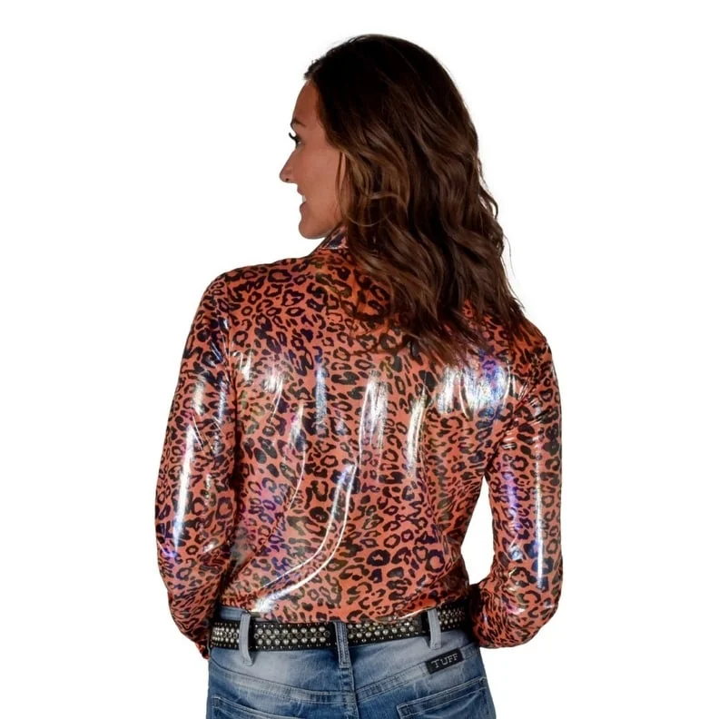 Cowgirl Tuff Western Shirt Womens L/S Leopard Foil Orange 100809