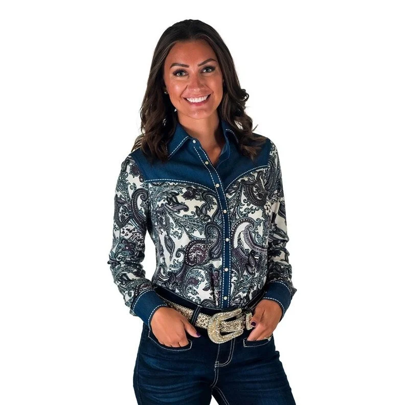 Cowgirl Tuff Western Shirt Womens L/S Paisley Denim Trim Blue 100915