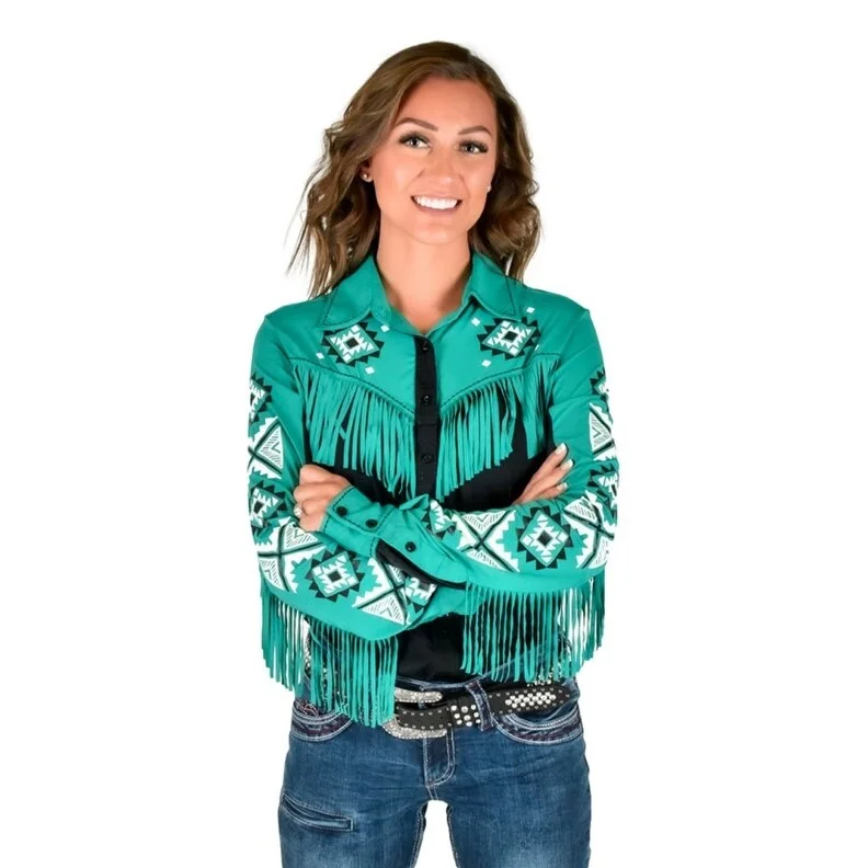 Cowgirl Tuff Western Shirt Womens L/S Print Fringe Specialty 100630