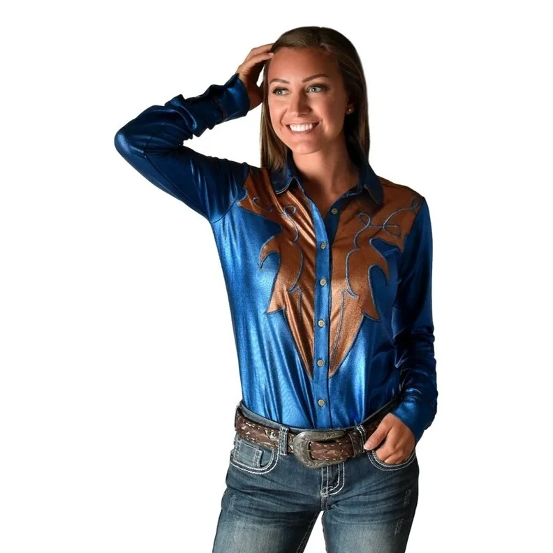 Cowgirl Tuff Western Shirt Womens Metallic Fabric L/S Blue 100674