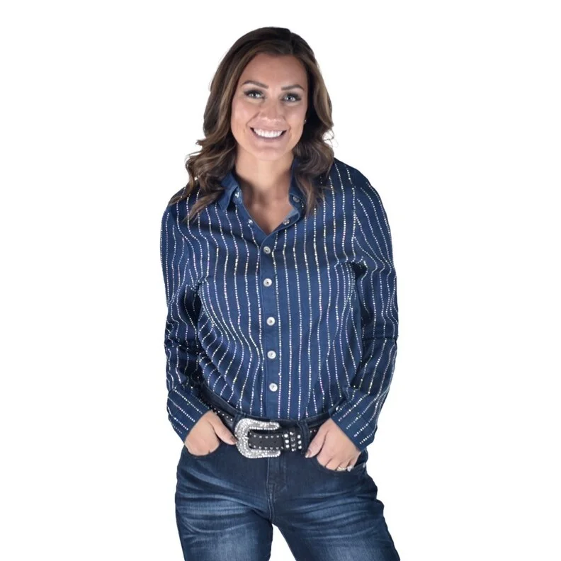 Cowgirl Tuff Western Shirt Womens Ultra Breathe L/S Dark Wash 100694