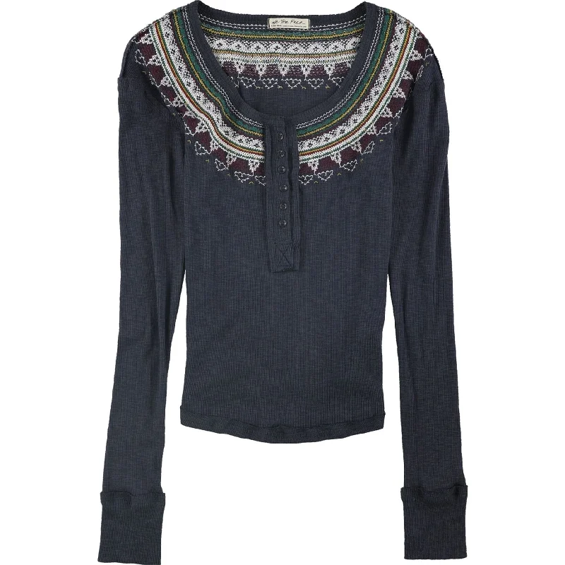 Free People Womens Fair Isle Henley Shirt, Grey, Medium