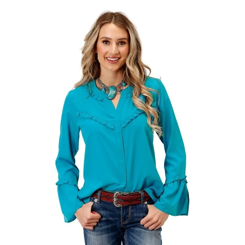 Roper Western Shirt Womens L/S Bell Solid Blue 03-050-0592-7084 BU