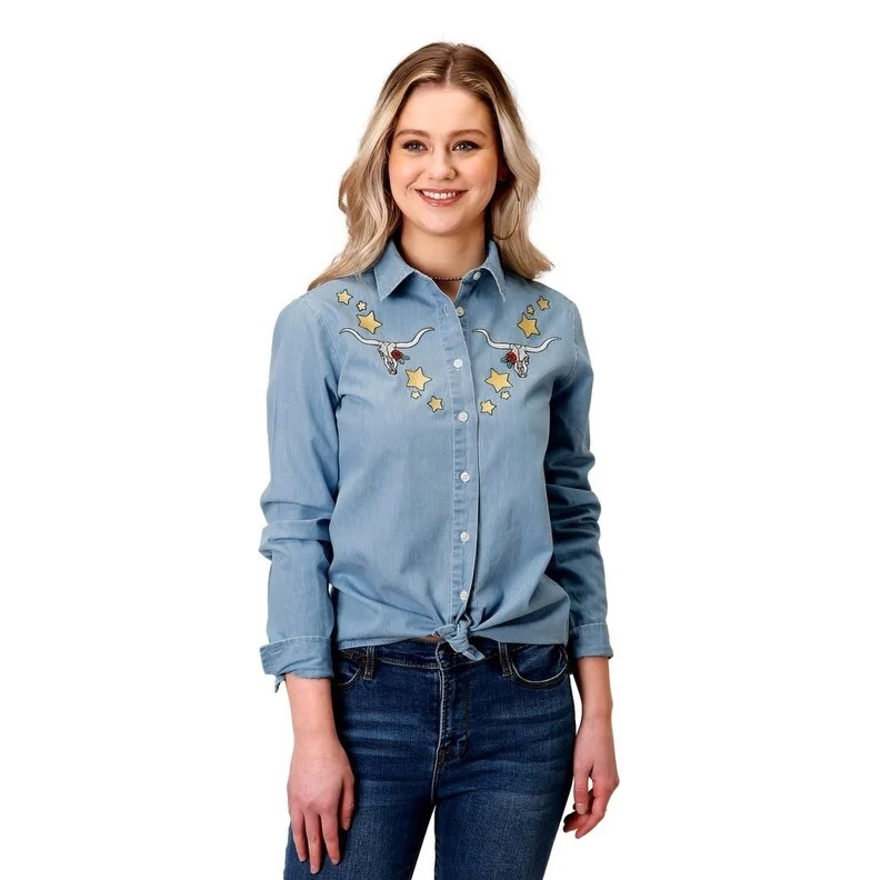 Roper Western Shirt Womens L/S Blouse Denim Blue 03-050-0565-0157 BU