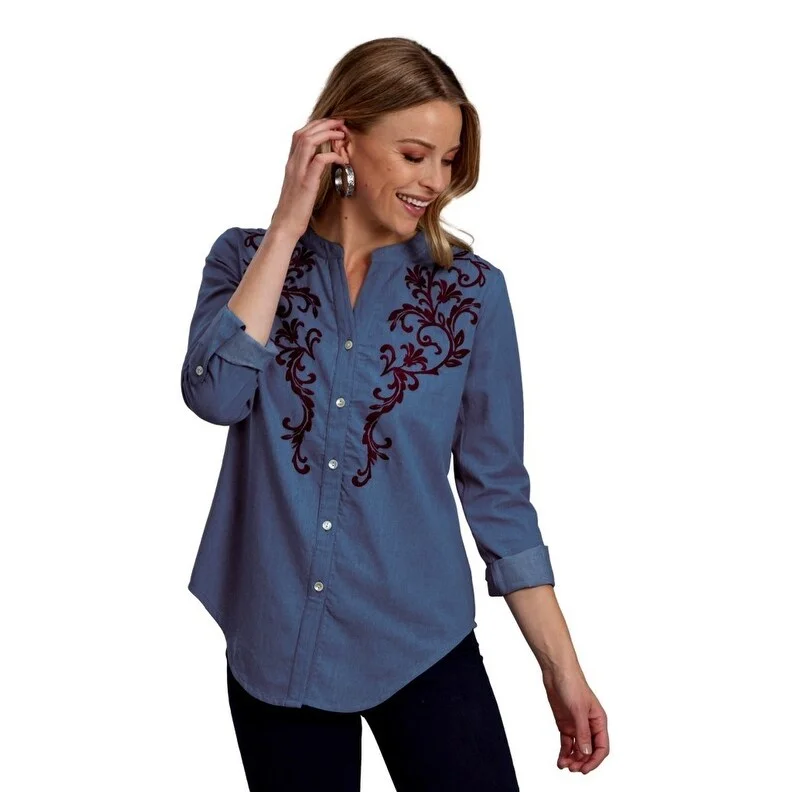 Roper Western Shirt Womens L/S Denim Embroidery 03-050-0565-7080 BU