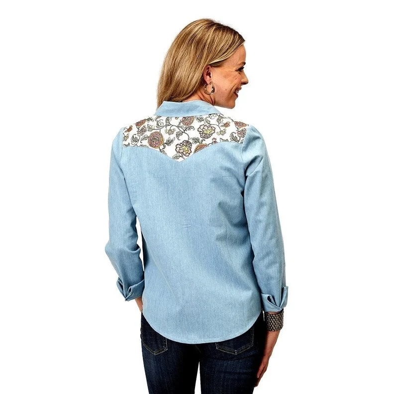 Roper Western Shirt Womens L/S Denim Floral Blue 03-050-0594-3065 BU