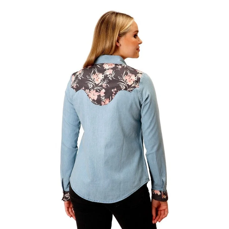 Roper Western Shirt Womens L/S Denim Floral Blue 03-050-0594-7073 BU