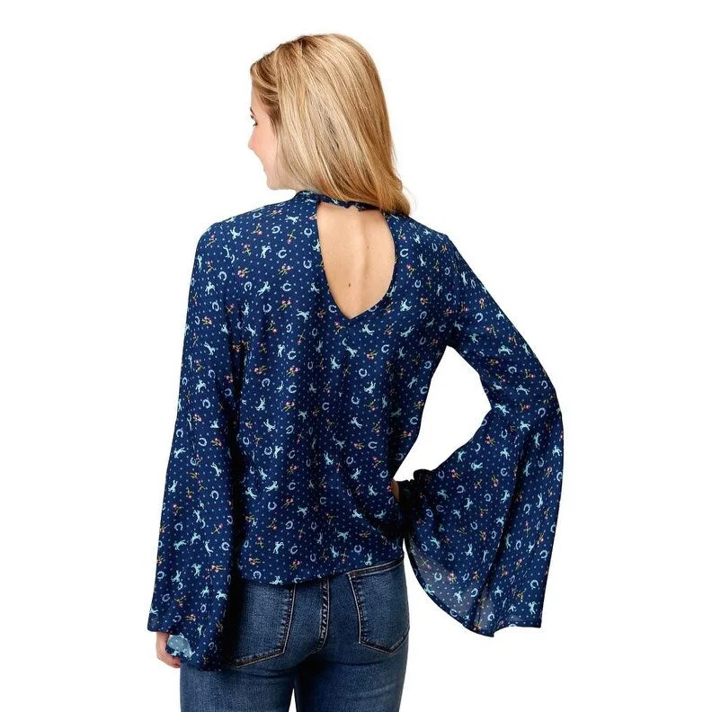 Roper Western Shirt Womens L/S Horse Print Blue 03-050-0590-6048 BU