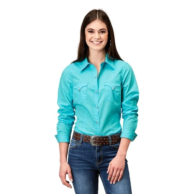 Roper Western Shirt Womens L/S Solid Turquoise 03-050-0060-0323 BU