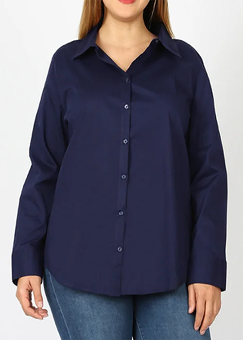 Long Sleeved Stretch Button Up Blouse in Navy Blue