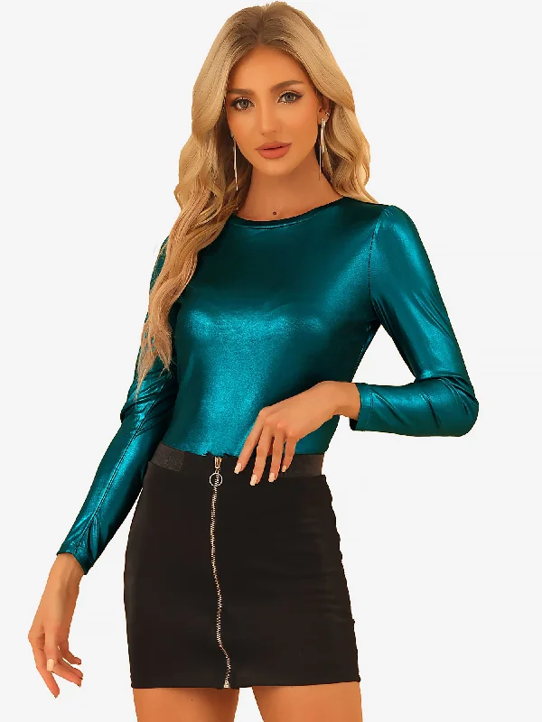 Long Sleeve Sparkly Party Glitter Shiny Metallic Blouse